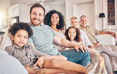 Image showing Happy big family, portrait and sofa together for holiday weekend, break or bonding in relax at home. Parents, grandparents and children smile in happiness for quality time on couch in living room