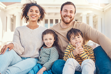 Image showing Family, portrait and parents with children relax on lawn, love and happiness with people outdoor. Man, woman and young kids with smile, parenting with trust and care, bonding in home garden together