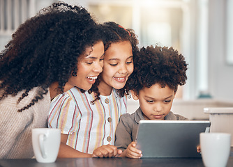Image showing Family, mother and children on tablet for home e learning, online education and watch or streaming cartoon. Happy african kids and mom on digital technology for teaching support and school website