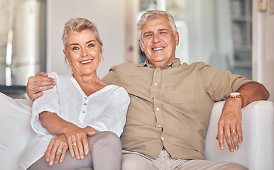 Image showing Old couple on sofa, portrait and retirement together, love and care in marriage with people at home. Relax in living room, life partner and pension, man and woman bonding with trust and commitment