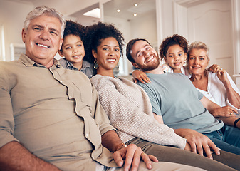 Image showing Happy big family, portrait and sofa for holiday weekend, break or bonding together in relax at home. Parents, grandparents and children smile in happiness for quality time on couch in living room