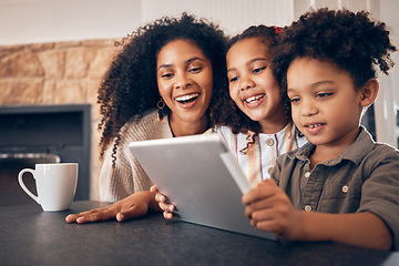 Image showing Happy, streaming and a family with a tablet in a house for communication, cartoon or games. Website, education and children, mother and technology for online reading, movie or a meme on the internet