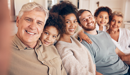 Image showing Happy big family, portrait and selfie on sofa for holiday weekend, break or bonding together in relax at home. Parents, grandparents and children smile in happiness for photograph in the living room