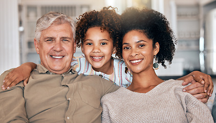 Image showing Happy, interracial and portrait of family with hug, care and love for grandfather or mother on sofa. Smile, house and a girl child with a senior man and a mom in the lounge during a visit or bonding