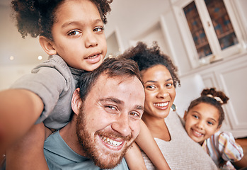 Image showing Selfie, smile and piggyback with a blended family in their home together for love, fun or bonding closeup. Portrait, happy or support with parents and kids posing for a playful photograph in a house