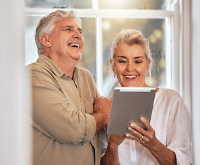 Image showing Old couple, tablet and laughing at funny video, connection and retirement together, tech and happiness. Man, woman and touchscreen gadget at home, social media and communication with comedy online