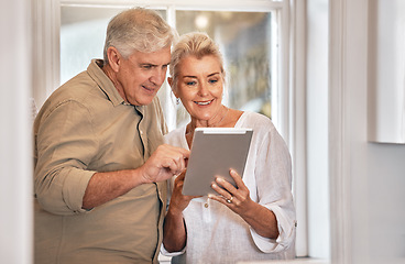 Image showing Home, typing and senior couple with a tablet, love and website information with social media, chatting and sms. Technology, old man and elderly woman with happiness, search internet and connection