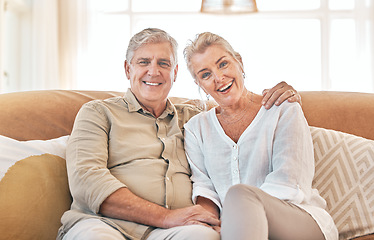 Image showing Old couple, hug and portrait, retirement together with love and care in marriage, people on sofa at home. Relax in lounge, life partner and pension, man and woman bonding with trust and commitment