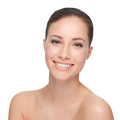 Image showing Skincare, beauty and face of a woman with a happy smile, teeth and clean skin on a png, transparent and isolated or mockup background. Portrait of good hygiene, health and dental care or wellness