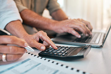 Image showing Hands, laptop and calculator for a home budget, planning retirement or online payment for banking. Accounting, couple or people with financial research, mortgage or analysis of tax paperwork