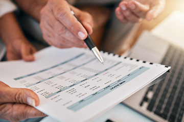 Image showing Documents, couple hands and budget for home financial planning, accounting and numbers review. Taxes, salary and people on paperwork, bills and debt management for mortgage, loan payment or rent cost