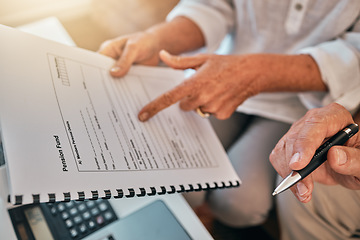 Image showing Documents, couple hands and pension funding, asset management and reading information for retirement policy. Helping, FAQ and senior people on financial paperwork, insurance or contract for signature