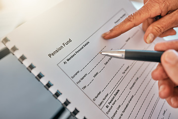 Image showing Hand, pension document and pen for writing, sign and point for help, guide and financial advisor with info. Closeup, retirement paperwork and person for signature, support and reading for compliance