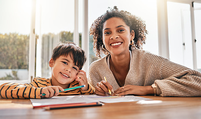 Image showing Mom, son child and portrait with homework, smile and helping with support, development and care in family home. Mother, boy kid and happy for learning, education and writing with studying for future