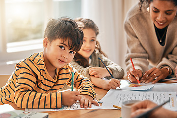 Image showing Family home, children and homework with learning, portrait and mom for writing in notebook. Mother, smile and kids with paper, pencil and drawing in morning at house with help, reading or development