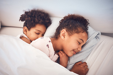 Image showing Girl, sleeping and children in bed in home with peace, comfort and rest with sisters, girls or friends together in bedroom. Kids, sleep and dream with happiness with pillow, blanket and duvet