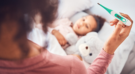 Image showing Sick kid in bed, mother and thermometer for fever, cold and flu with virus, care and health. Mother, child and woman check temperature, home and support with illness, love, problem and medical issue