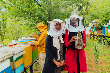 Image showing Arab investors checking the quality and production of honey on a large honey farm.