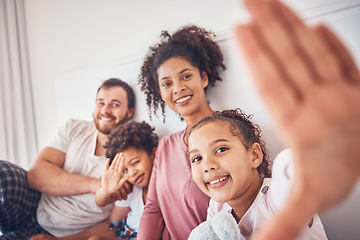 Image showing Selfie, smile and a happy family on a bed at home for quality time, bonding and morning. Profile picture, portrait and a man, woman and children together in a bedroom with love, care and comfort