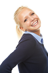 Image showing Happy to be here. Studio shot of a beautiful young blonde isolated on white.