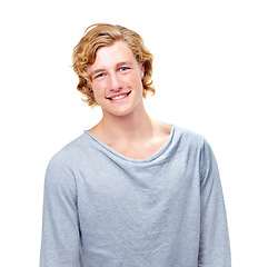 Image showing Fashion, happy and portrait of man on a white background with confidence, attractive and pride in studio. Happy, confident and face of isolated handsome young male person with trendy casual clothes