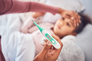 Image showing Sick child in bed, mother and thermometer for fever, virus and flu with illness, care and health. Mother, kid and woman check temperature, home or support with fever, love, forehead or medical issue