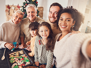 Image showing Christmas, portrait and selfie of family cooking cookies in home kitchen, bond and together. Xmas, baking food and happy face of grandparents, children and interracial parents with picture on holiday
