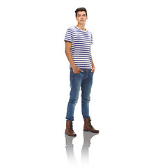 Image showing Fashion, style and serious, cool man in casual, trendy clothes with a confident mindset on a png, transparent and isolated or mockup background. Portrait of a model in stripes with attitude