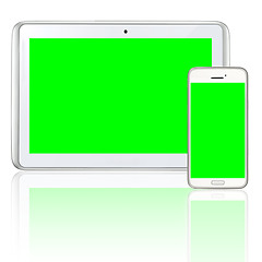 Image showing Green screen, phone and mockup space on a tablet screen with technology, 5g internet and an app on a png, transparent or isolated chroma key background. A social media website or brand advertising