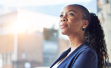 Image showing Office professional, face and thinking black woman, bank consultant and brainstorming plan, ideas or strategy. Window, problem solving and business person planning corporate choice, job or future