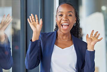 Image showing Black woman, excited in portrait and business, confidence and happy with lawyer and career success at law firm. African female attorney at office, positive and professional mindset in corporate job