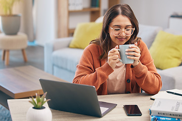 Image showing Happy woman, student and coffee by desk for morning study, knowledge or education at home. Female person or freelancer in relax enjoying or drinking beverage for studying scholarship in living room