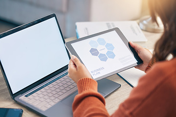 Image showing Closeup, business plan and woman with technology, brainstorming and screen with ideas, development and startup. Female person, laptop and entrepreneur with a tablet, connection and company growth