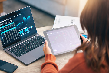 Image showing Woman with laptop, tablet and stock market, information and research in business management for data analysis trading. Technology, dashboard with graphs and charts, trader at desk in office with app