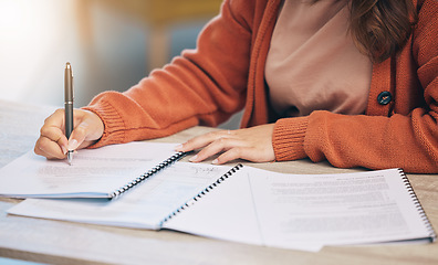 Image showing Woman, hands and writing on documents for signing contract, form or application on desk at home. Closeup of female person working on paperwork, notes or filling in survey for legal agreement or deal