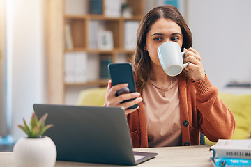 Image showing Remote work from home, coffee and woman with smartphone, message and research for a project. Female person, freelancer or entrepreneur with a tea, espresso and cellphone with network and social media