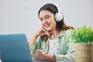 Image showing Laptop, education and headphones with woman in home office for elearning, study and blog. Digital, online class and college with female student and research for streaming, virtual and subscription