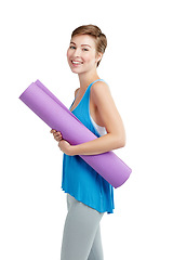 Image showing Portrait, woman or yoga mat for meditation, smile or fitness with girl isolated on white studio background. Face, female yogi or lady with pilates training, workout or exercise for wellness or energy