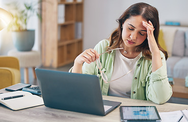 Image showing Remote work, stress and woman on laptop in home with deadline for project, report and online task. Burnout, overworked and female person with anxiety, frustrated and worry for freelance business