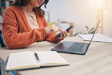 Image showing Hands, phone and notebook with texting, woman or laptop for planning, schedule or networking at desk. Entrepreneur, smartphone and click app for note, research or work from home in web journalist job