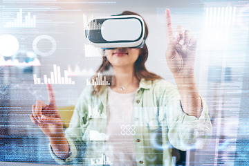 Image showing Business woman, hologram and ar chart for press, glasses or big data analysis in metaverse web design. Futuristic seo expert, virtual reality vision and click for coding, programming and 3d overlay