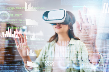 Image showing Business woman, vr and holographic chart with glasses, big data analysis or trading in metaverse. Futuristic finance expert, augmented reality vision or graph for crypto, stock market or 3d ux at job