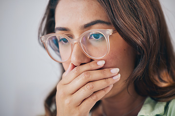 Image showing Shocked, wow and woman with glasses, surprise, announcement and mockup with gossip. Omg, female person and girl with eyewear, expression and reaction to news, covering mouth and emoji with anxiety