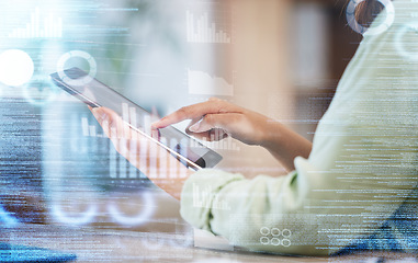 Image showing Hands of woman, dashboard and overlay of data analytics, tablet and research in stock market business management. Future technology, hologram with graphs and charts, trader with digital information.