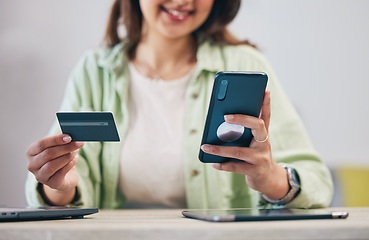 Image showing Hands, phone and credit card for payment, woman or typing at desk for online shopping, sale or smile. Lady, smartphone and banking with cybersecurity, fintech or ecommerce for discount, deal or promo