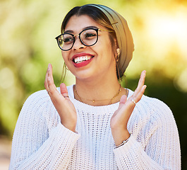 Image showing Young woman, smile and happy face outdoor in nature with glasses and freedom in summer. Fashion, style and gen z female model or student with a turban scarf, happiness and positive mindset at park