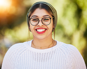 Image showing Young woman, smile and happy portrait outdoor in nature with glasses and bright smile in summer. Fashion, style and gen z female model or student with a turban scarf, happiness and positive mindset