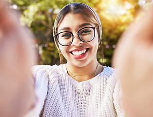 Image showing Young woman, smile and happy selfie outdoor in nature with glasses in summer. Fashion, style and gen z female student or influencer portrait with happiness, peace and freedom on profile picture