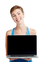 Image showing Laptop mockup, portrait and woman isolated on a white background with technology screen for product placement. Happy young model or person face with computer screen mock up for advertising in studio