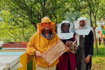 Image showing Arab woman investitors with an experienced senior beekeeper checking the quality and production of honey at a large bee farm